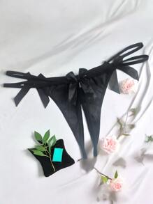 性感内衣内裤，缎面光滑，双蝴蝶结设计，开裆丁字裤 | 前后双蝴蝶结设计，透视 T 型内裤，性感内衣蝴蝶结裆丁字裤，冰丝光滑面料 + 3D 剪裁，凉爽不吸汗。正面双大蝴蝶结 + 背面开裆蝴蝶结 T 型内裤 - 黑色 - 查看 3