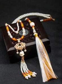 قلادة قديمة طويلة الشرشف، قلادة اللؤلؤ الصناعي على الطراز الصيني للسيدات، اكسسوارات حزب وأزياء عصرية، هدايا للأصدقاء المقربين - الذهبي - مشاهدة 1