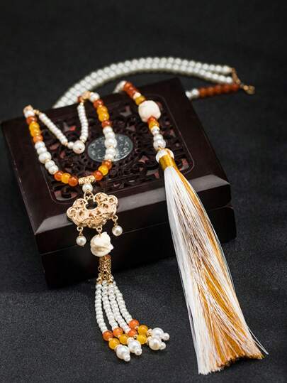 复古长流苏项链配饰，女士中国风仿珍珠项链，女士日常派对配饰，时尚珠宝，最佳朋友礼物