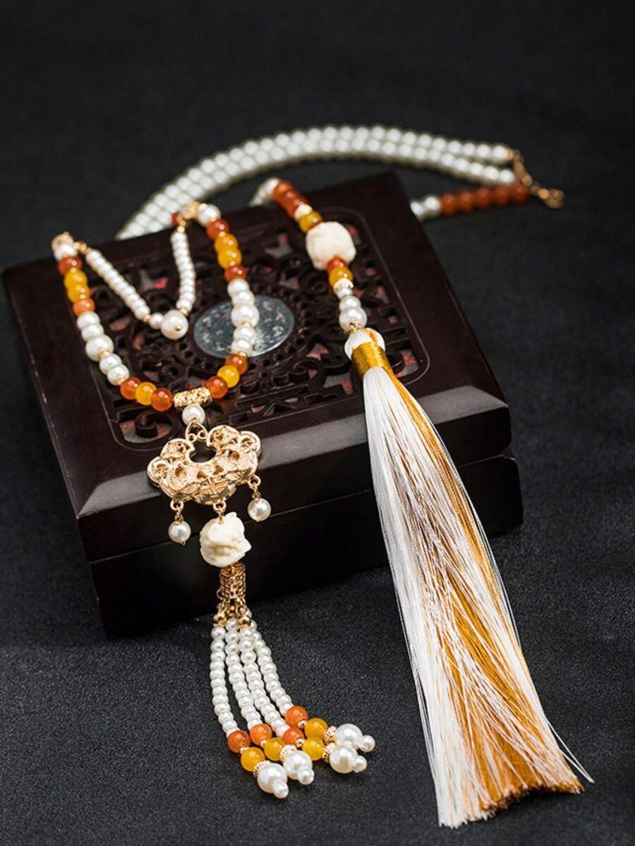 قلادة قديمة طويلة الشرشف، قلادة اللؤلؤ الصناعي على الطراز الصيني للسيدات، اكسسوارات حزب وأزياء عصرية، هدايا للأصدقاء المقربين - الذهبي - مشاهدة 1