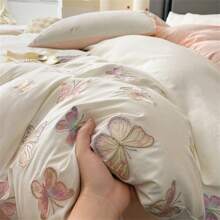 3/4pcs Soft Solid Color Brushed Feather Embroidery Bedding Set (1pc Duvet Cover, 1/2pcs Pillowcase, 1pc Bed Sheet, Excludes Pillow And Quilt), Breathable, Washable, Simple & Elegant