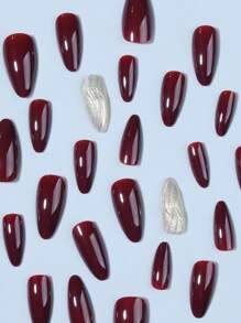 26片杏仁形3D凝胶美甲贴纸，亚克力材质，中等粘性，完美贴合。套装包含：1瓶果冻凝胶和1把指甲锉。红色美甲贴纸，适合女性和女孩日常及派对使用。