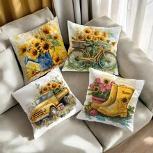 4 件套极简主义夏日向日葵主题枕套套装，单面印花桃绒面料，45*45/50*50/40*40 厘米靠垫套适用于现代简约沙发客厅装饰、礼物、派对装饰 - 彩色 - 查看 5