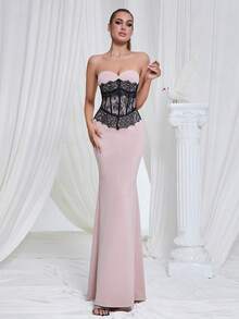 Elegant Simple Contrast Lace Maxi Dress, For Valentine's Day - Pink - View 3