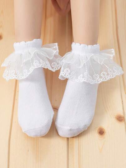 1双女童纯色蕾丝边短袜，公主风短袜