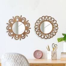 1/2pcs Charming Vintage Round Wall Decor Mirrors, Sunflower Shaped Wooden Framed Hanging Mirror For Living Room, Bedroom, Dining Room, Bathroom, Unique Decorative Mirror, Size 22.5cm/8.6inch, Special Birthday, Holiday, Graduation Gift