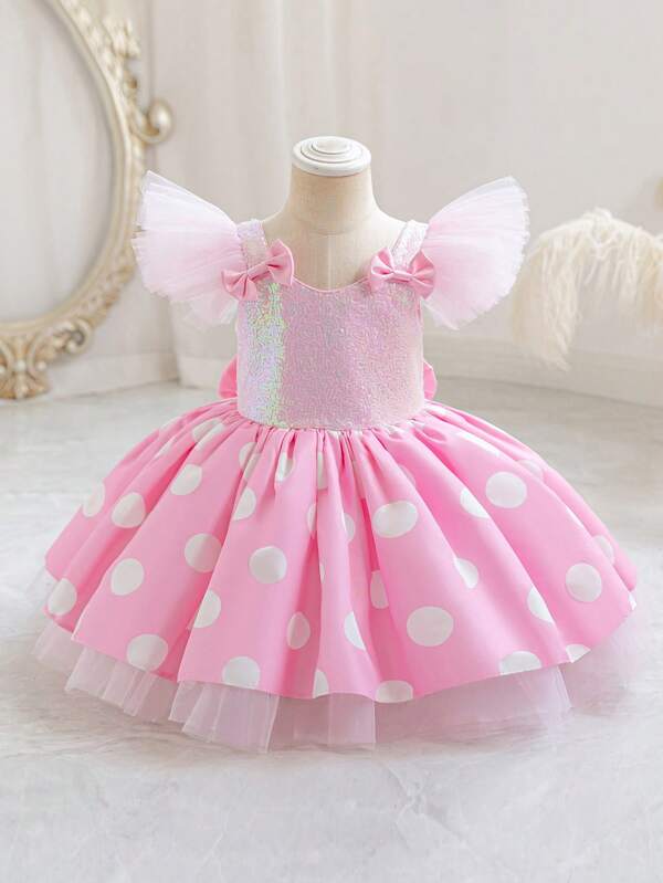 Vestido de fiesta para niña con mangas de tul, lazo con lentejuelas y lunares, un vestido de princesa elegante adecuado para fiesta de cumpleaños, boda, niña de las flores, baile de graduación, celebración, vacaciones