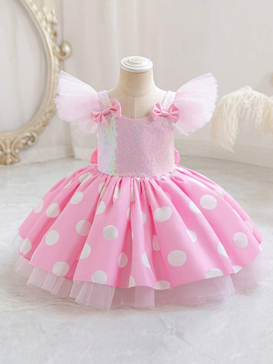 小女孩亮片蝴蝶结薄纱盖袖波尔卡圆点派对礼服，优雅公主裙，适合女孩生日派对、婚礼、花童、舞会、庆典、节日 - 粉色 - 查看 1