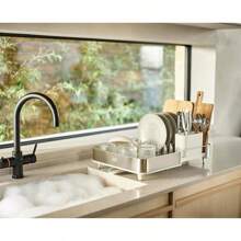 Joseph Joseph Extendable Dish Drying Rack With Dual Parts - Stainless Steel, Non-Scratch, Movable Utensil Drainer & Drainage Spout, GrayHalloween Christmas New Year - Light Stone - 查看 6