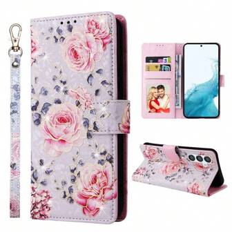 RFID Blocking Anti-Theft Embossed Hot Stamped Floral Pattern Wallet Case With Card Slots Compatible With Iphone 11 12 13 14 15 16 Pro Max For Galaxy S25 S24 Ultra S23 S22 S21 S20 A12 A13 A14 A15 A33 A53 A34 A54 A35 A55 PU Leather Stand Holder Flip Cover With Hand-Strap Waterproof Shockproof Anti-Fall Scratch Resistant