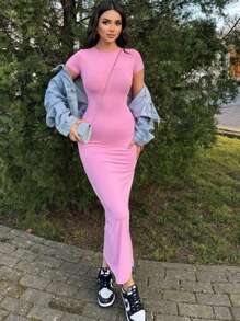 Vestido de verano para mujer, vestido elegante de unicolor rosa con manga corta y sexy para fiesta - Rosa - Ver 2