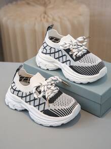 1 Pair Baby/Infant Lace-Up Knit Mesh Breathable Color Block Comfortable Casual Athletic Shoes, Suitable For All Seasons