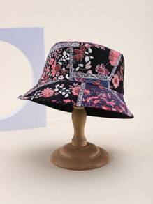 1pc Fashionable Floral Patchwork Contrast Color Elegant Versatile Sun Hat, Reversible Bucket Hat Design, Suitable For Outdoor Travel Men And Women