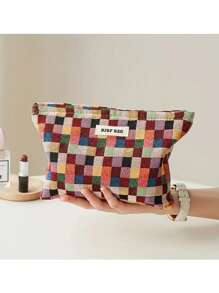 1 件旅行化妆包，女士格子印花化妆品收纳包，便携式盥洗包 - 彩色 - 查看 5