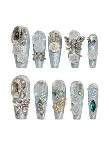 10pcs Heavy Light Blue 3D Rose Metal Butterfly Handmade Nails Acrylic Press On Nails Luxury Lolita Flower Decoration Super Long Coffin Fake Nails Reusable Nails With Jelly Glue And Nail File, DIY Nail Art Supplies, Music Festival Party Daily Wear