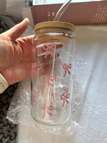 450ml/15.22oz 带盖和吸管的硼硅酸盐玻璃杯，罐形设计，适用于咖啡、茶、果汁、牛奶、生日礼物、饮具 - 彩色 - 查看 4