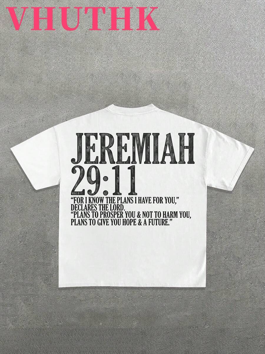 VHUTHK Double-Sided Printing (220 Pure Cotton T-Shirt) Men's Summer Round Neck Short Sleeved Casual Pure Cotton Print JEREMIAH 29:11 - trắng - Xem 1