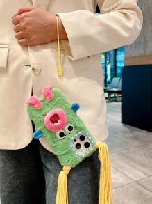 New Fashionable Cartoon Funny Cute Plush DIY Braid Expression Phone Case, Compatible With Apple 11/12/13/14/15/16/17 Pro/Pro Max, Shock-Proof Protection