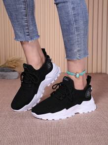 1 Pair Unisex Breathable Mesh Lace-Up Design Sneakers Suitable For Outdoor Sports, Teens, Summer - Black - View 4