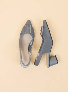 女式带扣尖头低帮纯色粗跟休闲透气面料高跟鞋，加大码 - 灰色 - 查看 4