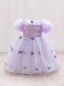 H HIBOBI Girl's Short Sleeve Bowknot Gradient Sequin Mesh Birthday Party Dress - Purple - View 3