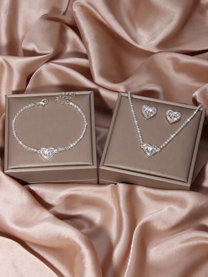 Fashion Full Rhinestone Jewelry Set Earrings, Necklace, Bracelet, Crumpled Heart Pendant, Party/Wedding Gift Accessories For Women