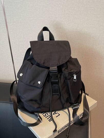 1pc Women's Nylon Small Backpack (Size: 24*26*12cm), Casual Multi-Pocket Drawstring Backpack, Suitable For Shopping, Outdoor Sports