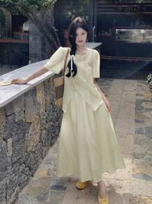 女式中长垂坠高腰半身裙，夏季 - 杏色 - 查看 7