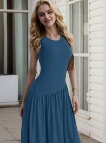 hoteel Chic Simple Design Sleeveless Tank A-Line Long Dress, Crew Neck Slim Top Wide Hem Waist Pleated, Woman Cothes - Màu xanh lam - Xem 3