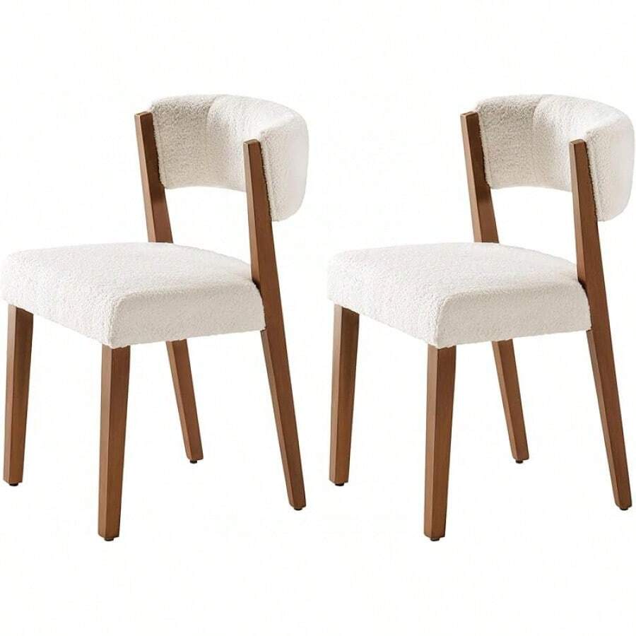 Set Of 2 Mid-Century Modern Upholstered Dining Chairs With Curved Backrest, Sharpa Fabric And Pine Wood Legs For Kitchen And Dining Room - White - View 1