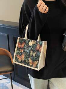1PC 2025 NEW Butterfly Embroidery Linen Handbag,Khaki Colored Bag, Linen Button Decoration Handbag, Simple Large Capacity Handbag, Portable Casual Storage Handbag, Multi-Functional Shopping Bag, New Design, Large Capacity, Shopping Ideal, Shoulder Bag, Handbag, Lunch Bag, Lunch Box, Messenger Bag, Suitable For Women, Mother's Day Gift, Daily Use, Dating, Birthday, Holiday, Back To School, Summer, Vacation, Beach, Travel