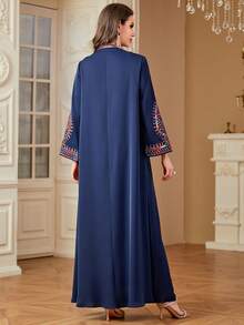 Women's Vintage Style Sequins Embroidery V-Neck Long Sleeve Arabian Dress, Spring/Summer, Modest Kaftan - Navy Blue - View 2