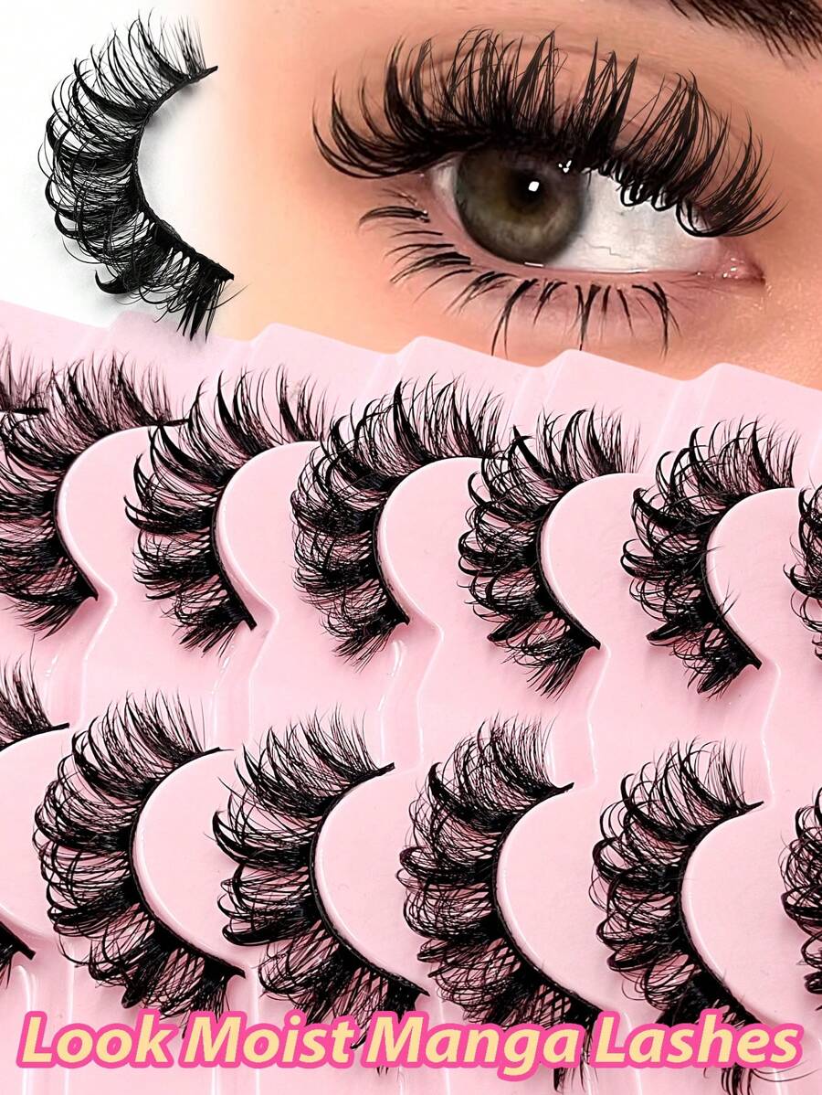 Asiteo 7 Pairs Moisturizing Eyelashes, Cartoon Style, Faux Mink, Curled And Charming, Y2K Style, 3D Fluffy And Dense, Dramatic Wet Makeup Effect, Eyelash Extensions - 尖尾漫畫款 - 查看 1