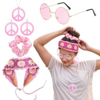 1970s Retro Bohemian Hippie Accessory Set: Peace Sign Glasses, Earrings, Necklace, Sunflower Headband, Hippie Outfit Accessories