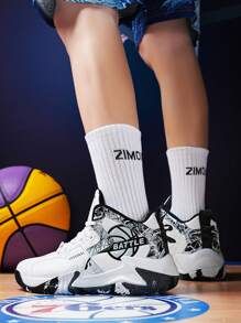 2025 Spring New Lightweight Thick Sole Plus Size Women Basketball Shoes, Outdoor Casual Sports Shoes, Durable Running Shoes, Soft & Comfortable Hiking Shoes, Shock Absorbing & Rebound, Casual Shoes With Random Asymmetric Patterns - Black and White - View 8