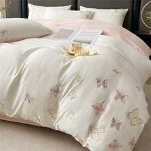 3/4pcs Soft Solid Color Brushed Feather Embroidery Bedding Set (1pc Duvet Cover, 1/2pcs Pillowcase, 1pc Bed Sheet, Excludes Pillow And Quilt), Breathable, Washable, Simple & Elegant