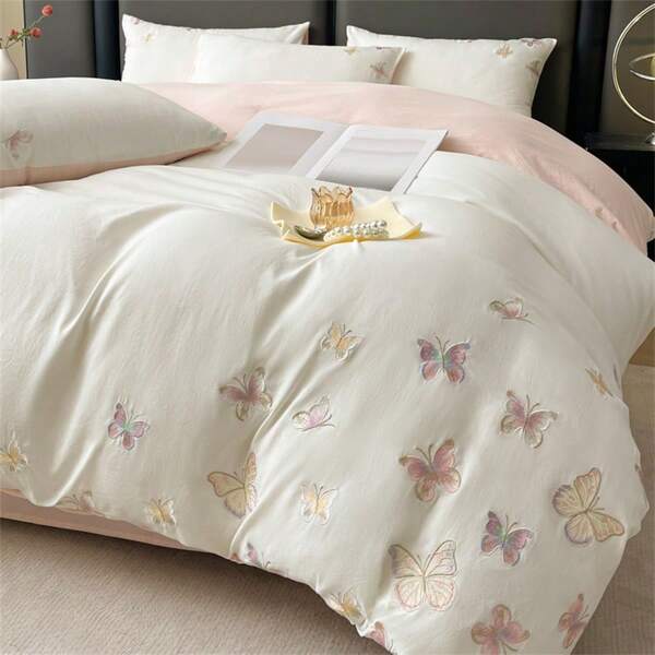 3/4pcs Soft Solid Color Brushed Feather Embroidery Bedding Set (1pc Duvet Cover, 1/2pcs Pillowcase, 1pc Bed Sheet, Excludes Pillow And Quilt), Breathable, Washable, Simple & Elegant