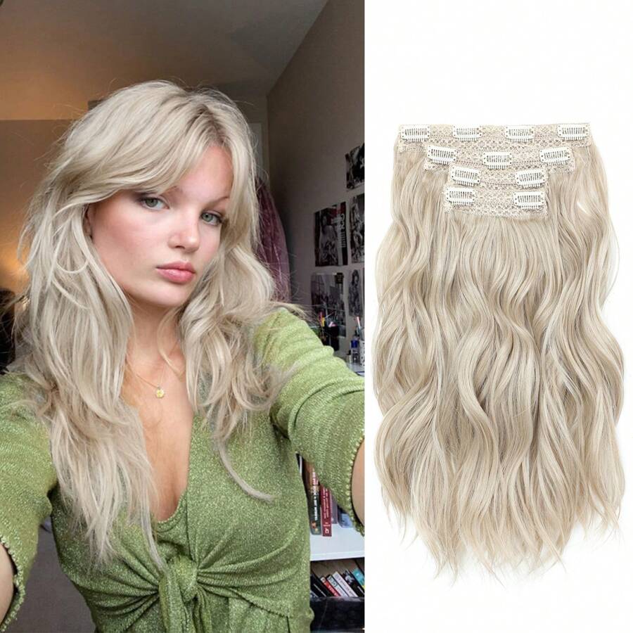 Clip In Hair Extensions, 14inch Short Wavy Curly Clip In Hair Extensions For Women 4Pcs Synthetic Beach Wavy Hair Extensions Invisible Lace Weft Hairpiece For Women - Platinum Blonde - 查看 1