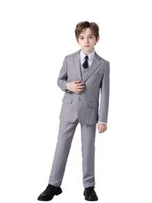 Tween Boy Suits 4-Pieces Suit Set Tuxedos Dresswear Ring Bearer Outfit Wedding Blazer Vest Pants Tie Formal Suits, Light Grey Size 4-16Y