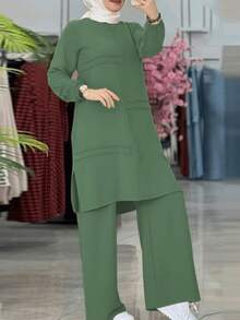 Traje árabe modesto de unicolor para mujer, con manga larga y pantalón largo