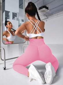 Seamless High-Stretch Fitness Leggings For Women, Ribbed High Waist Squat-Proof Tight Yoga Pants Tights - Baby Pink - View 4