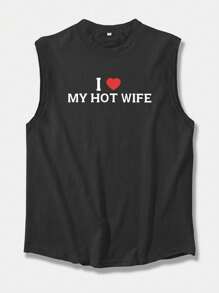 Plus Size Men's Casual Slogan Print Loose Round Neck Tank Top
