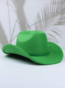 1pc Women's Fashion Green Ribbon Brim Woolen Cowboy Hat, Simple Wide Brim Sun Protection Hat For Hiking, Ideal For Performances, Parties And Unisex Versatile Style - Multicolor - View 3
