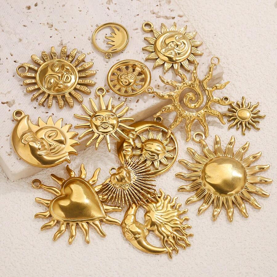 5pcs Stainless Steel Fashionable Hundred Sun Moon Heart Pendant DIY Necklace Earrings Jewelry Accessories Making Daily Wear Gifts