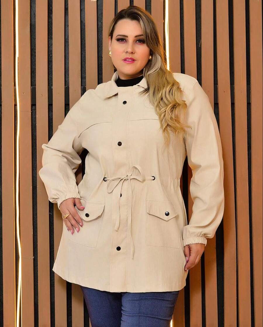PLUS SIZE OVERCOAT JACKET CINCHED PARKA WINTER COAT BENGALINE - Beige - View 1