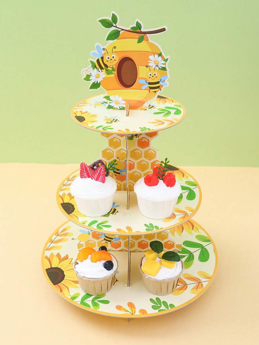 1set, Honeybee Cake Tray Cake Stand, Honeybee Birthday Party Cake Decorating Supplies Cake Plates, Wedding Cake Decoration Containers, Kitchen DIY Cake Cooking Decorations, Babe Shower Decoration Multi-Tier Cake Display Racks, Food Trays, Birthday Gifts Party Favors, Disposable Food Containers Cupcake Decorations