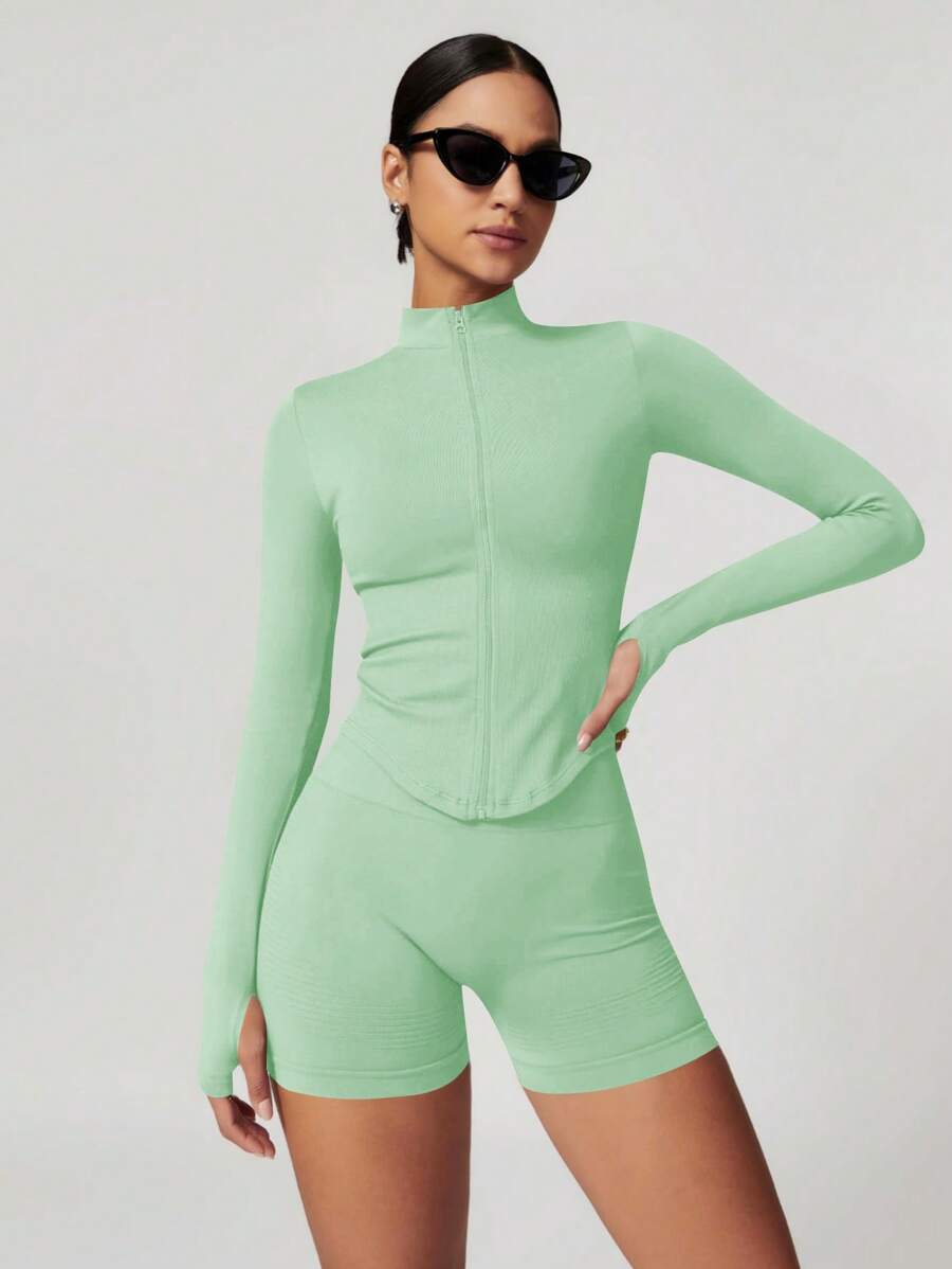 Women's Fashion Stand Up Collar Zipper Long Sleeve Yoga Jacket Tight And Soft Yoga Clothing Outdoor Fitness Sports Top Jacket Suitable For Fitness Exercise In Autumn