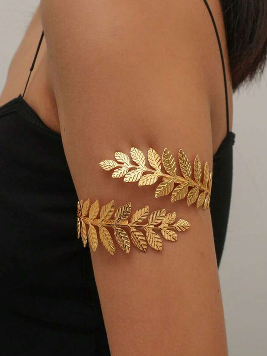 1pc Creative Hollow Leaf Design Arm Cuff, Chic Accessory For Summer Parties, Festivals, Weddings, Holidays And Other Celebrations - Golden Leaves - View 1