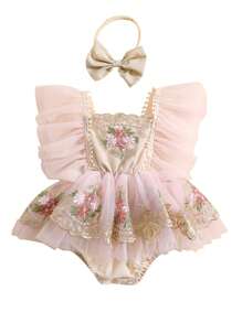 Newborn Baby Girl Summer Clothes Lace Romper Dress Flower Embroidery Mesh Tulle Princess Outfit With Headband - Hồng - Xem 1