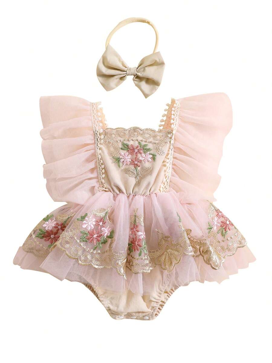 Newborn Baby Girl Summer Clothes Lace Romper Dress Flower Embroidery Mesh Tulle Princess Outfit With Headband - Hồng - Xem 1
